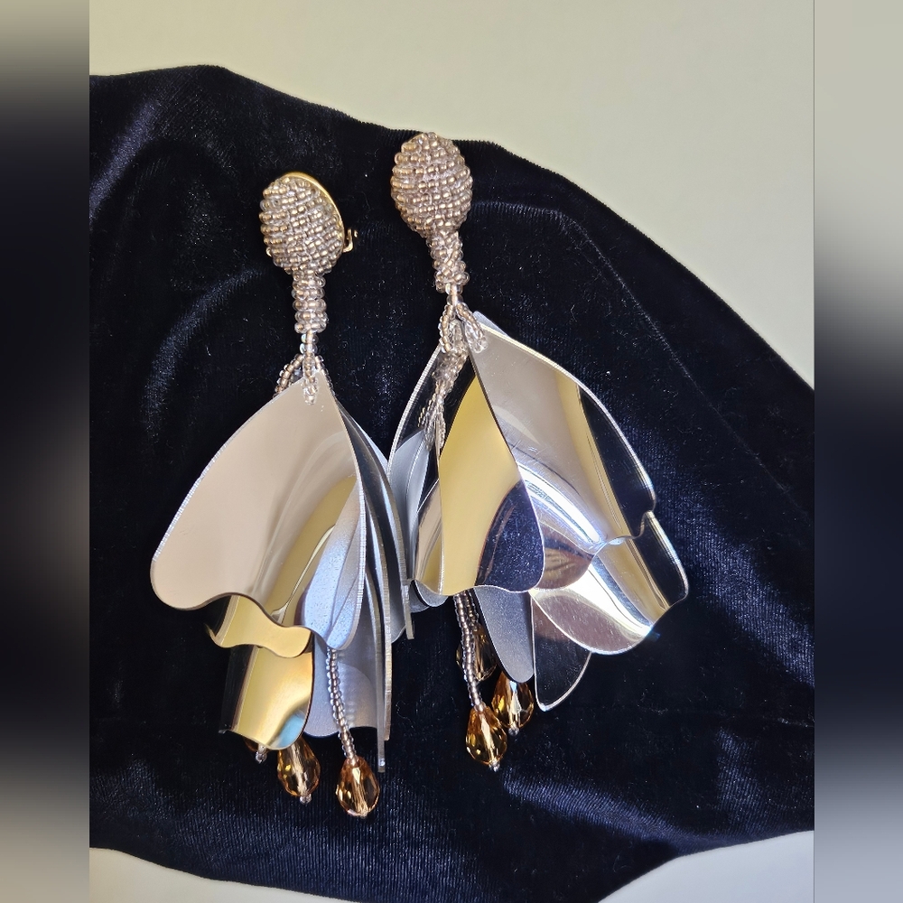 Oscar De La Renta large silver and gold Impatiens clip-on earrings- RARE COLOR